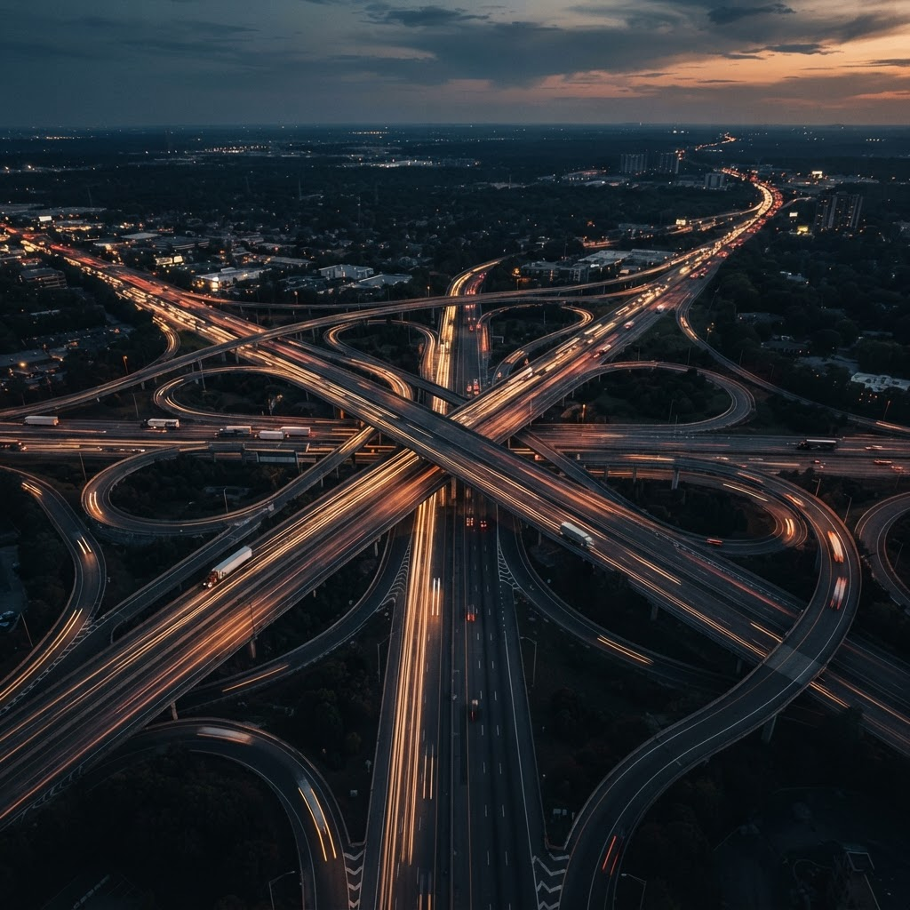 Aerial view of highways at dusk with vehicle light trails forming a network